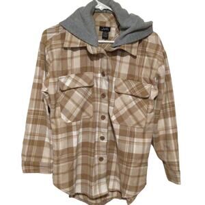 Justify Women's Plaid Beige Flannel Shirt with Gray Hood Hoodie Size Small